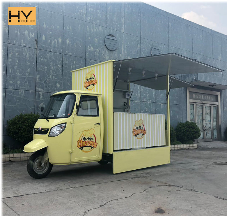 Low-budget electric tricycle taco cart showcasing taco truck cost benefits, ideal for mobile taco businesses.