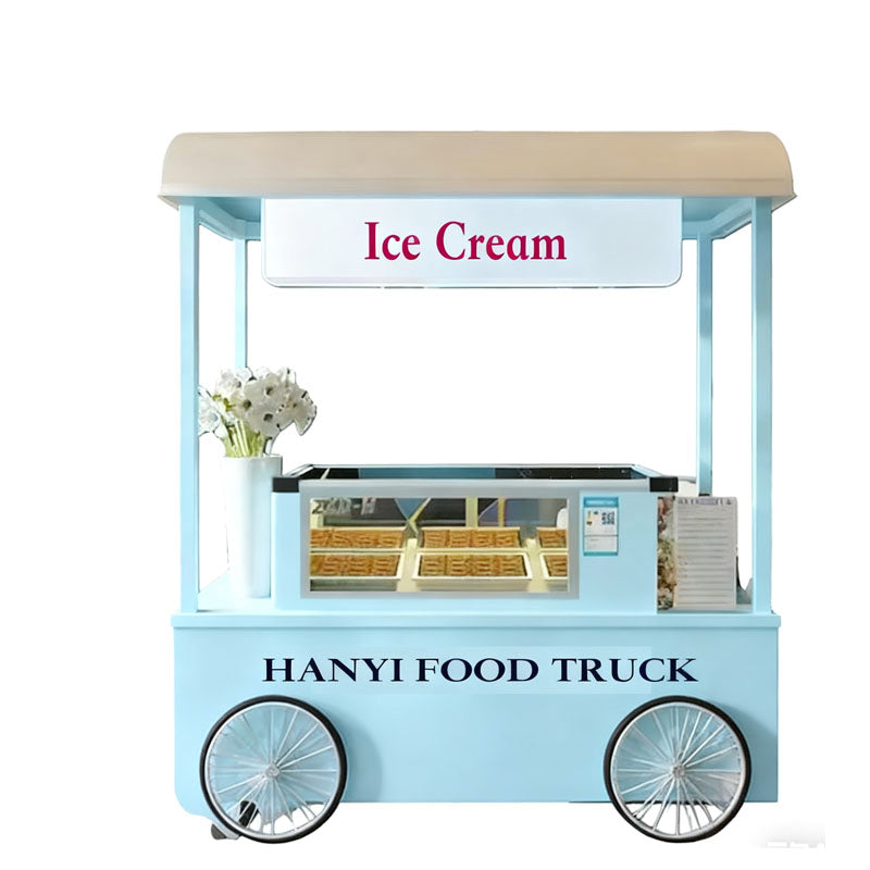 Custom Ice Cream Push Cart for Sale featuring a blue exterior and display for various ice cream flavors.