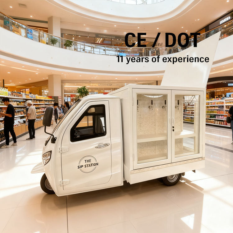 Wedding Bar mobile tricycle displayed in a store with beverage taps and elegant design for weddings.