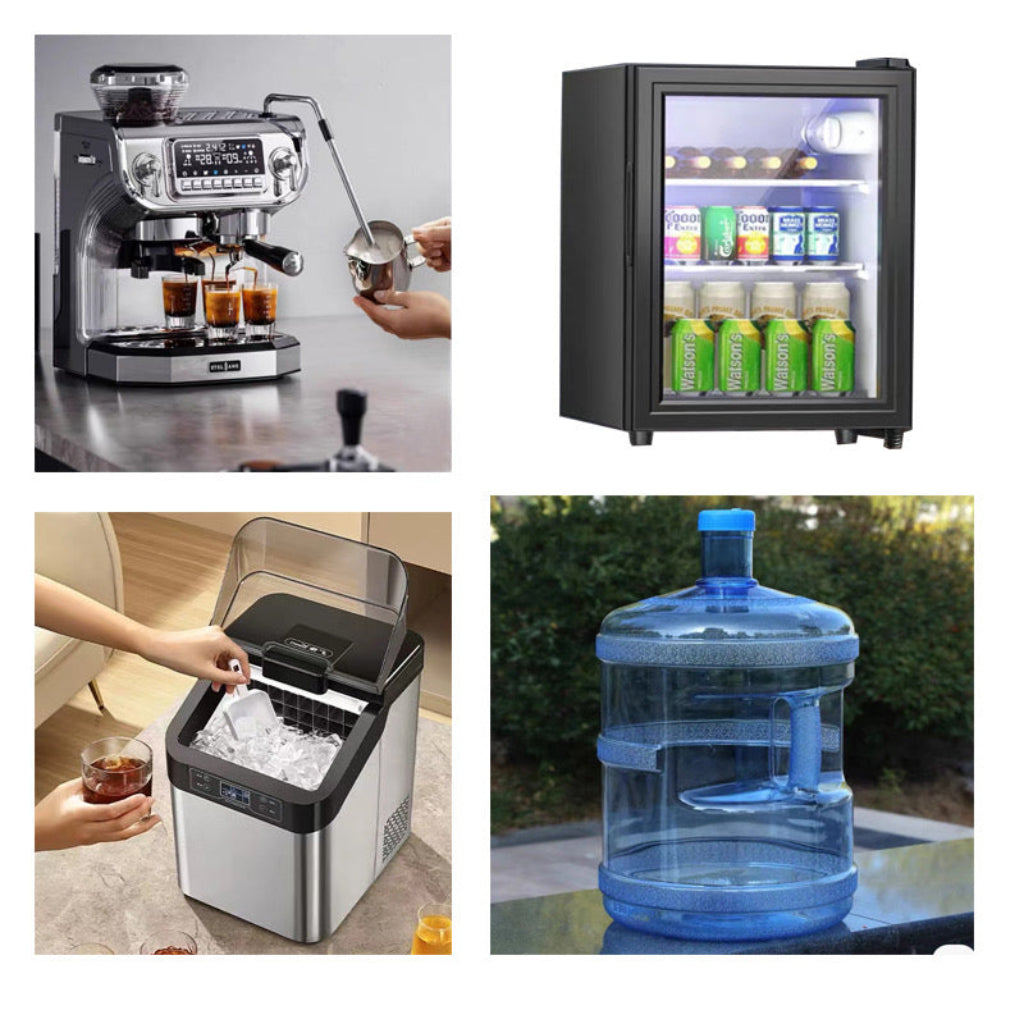 Mobile Coffee Shop equipment including coffee machine, refrigerator, ice maker, and water cooler.