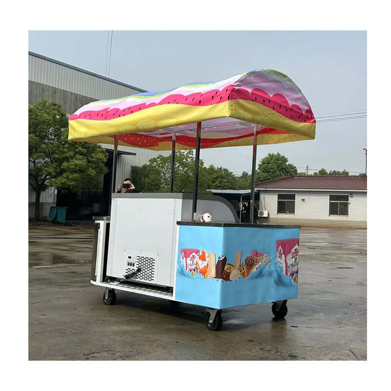 Ice Cream Push Cart with colorful canopy, perfect for outdoor events and dessert sales.