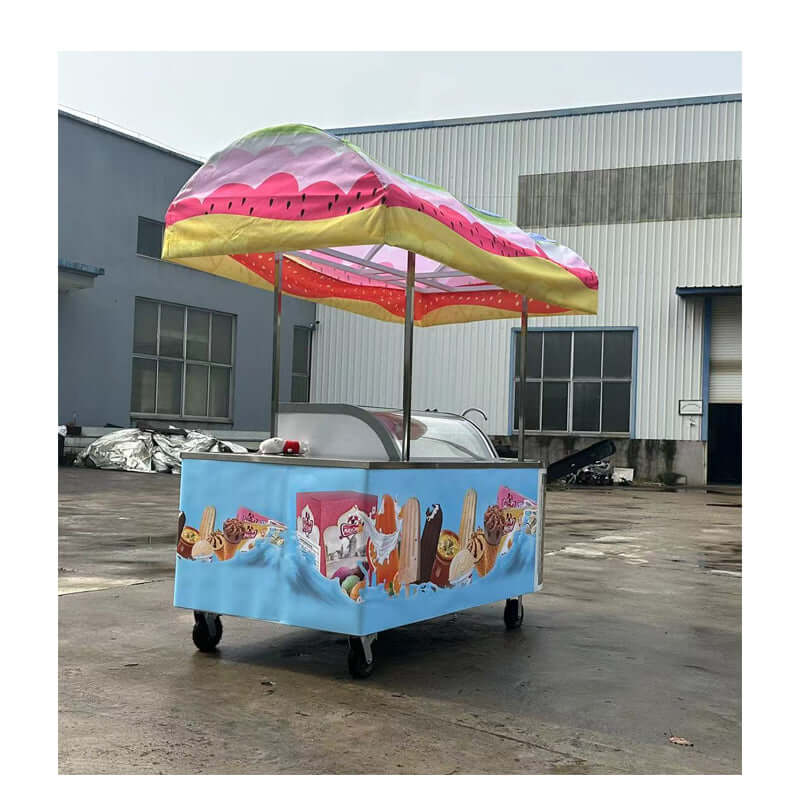 Ice Cream Push Cart featuring a vibrant pink canopy and colorful ice cream designs.
