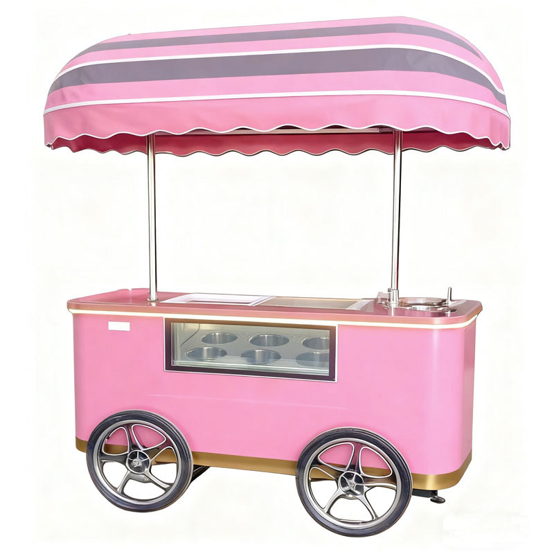 Custom Ice Cream Push Cart for Sale with pink exterior and striped canopy, ideal for selling ice cream in busy areas.