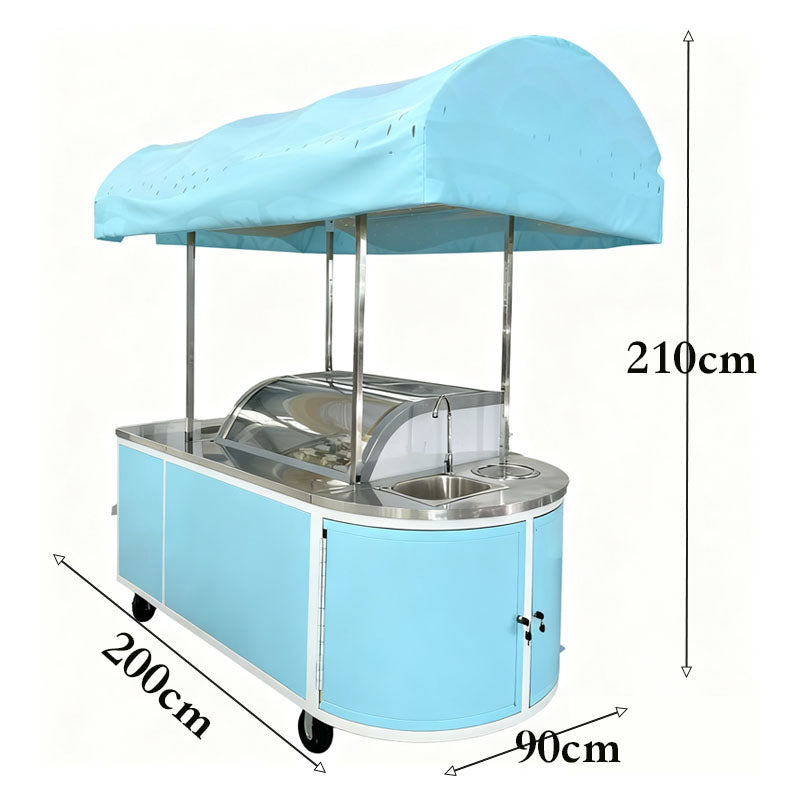 Custom Ice Cream Push Cart for Sale in blue, with stainless steel features and dimensions for mobile ice cream selling.