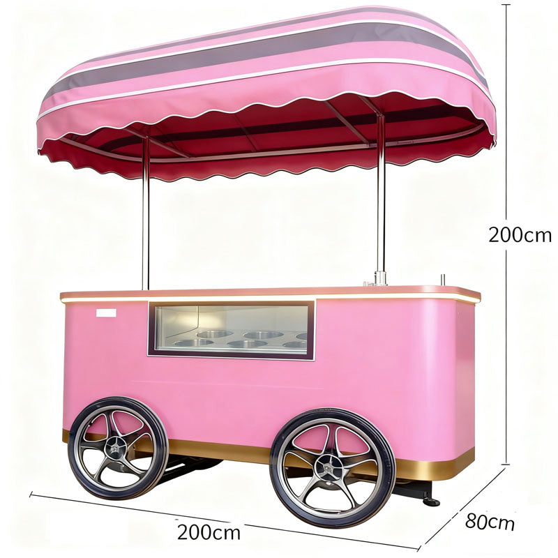 Custom Ice Cream Push Cart for Sale with pink canopy and modern wheels, ideal for outdoor ice cream sales.